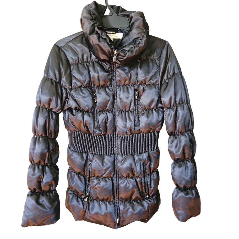 Laundry by Design Women Black Down Puffer Jacket Smocked Waist Funnel Neck Small